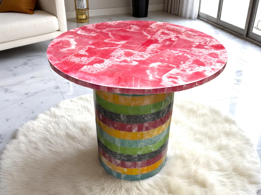 Alaska Pink Onyx Round Coffee Table – Luxury Stone Centerpiece Decor